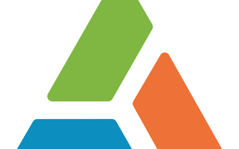 Peak Scientific logo Icon. A triangle made up of three trapeziums, one orange, one green and one blue