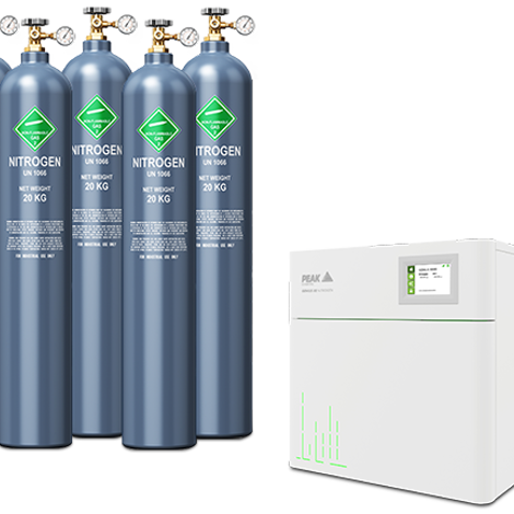 A stack of 5 gas cylinders next to a white gas generator