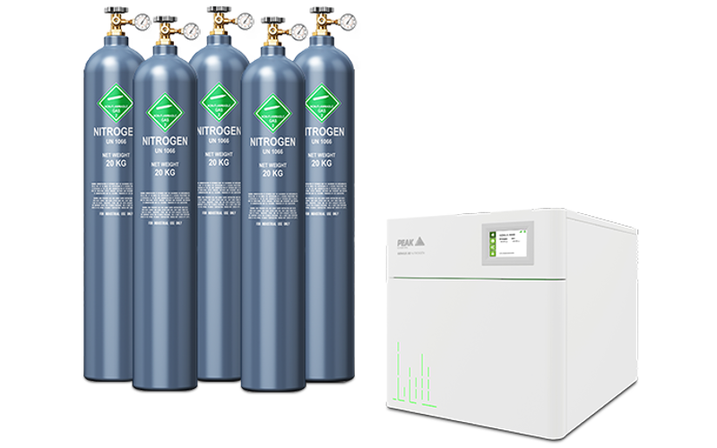 A stack of 5 gas cylinders next to a white gas generator
